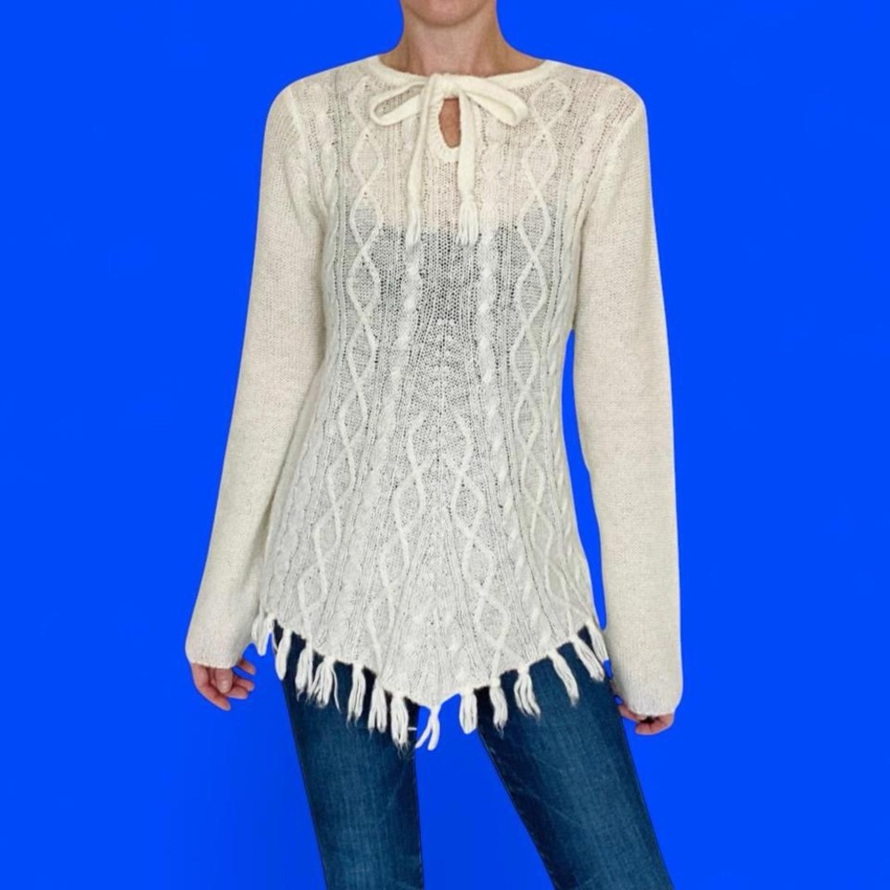 Prana Cream Ivory Wool Fringe Bohemian Preppy Winter Cozy Sweater